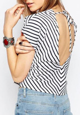 White Striped Tie Back Backless Round Neck Blouse