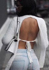 White Cut Out Tie Back Backless Round Neck Pullover Sweater