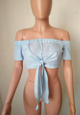 Blue Lace-up Backless Single Breasted Boat Neck Off Shoulder T-Shirt