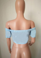 Blue Lace-up Backless Single Breasted Boat Neck Off Shoulder T-Shirt
