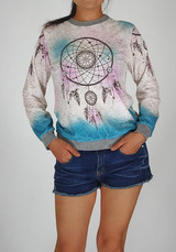 Blue Floral Round Neck Long Sleeve Casual T-Shirt