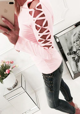 Pink Cut Out Round Neck Long Sleeve Fashion T-Shirt