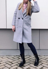 Grey Pockets Double Breasted Turndown Collar Long Sleeve Casual Cardigan Wool Coat