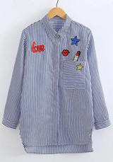 Blue Striped Embroidery Long Sleeve Turndown Collar Fashion Blouse