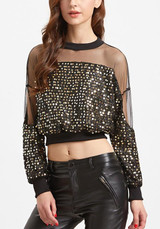 Black Patchwork Crop Sequin Grenadine Round Neck Blouse