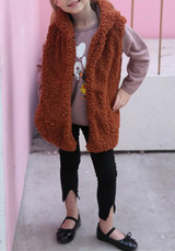 Brown Pockets Sleeveless Kid Baby Cute Fashion Hooded Winter Faux Fur Coat
