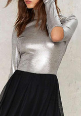 Silver Plain Cut Out Sparkly Band Collar High Neck Slim T-Shirt