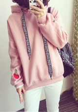 Pink Patchwork Embroidery Drawstring Hooded Long Sleeve Casual Pullover Sweatshirt