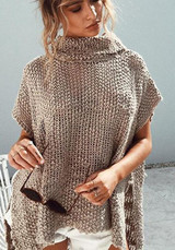 Khaki Plain Irregular Polo Neck Pullover Sweater