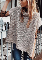 Khaki Plain Irregular Polo Neck Pullover Sweater
