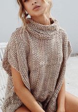 Khaki Plain Irregular Polo Neck Pullover Sweater