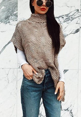 Khaki Plain Irregular Polo Neck Pullover Sweater