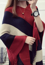 Red Striped Tassel Round Neck Pullover Cape