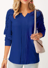 Blue Patchwork Lace Cut Out V-neck Fashion Blouse