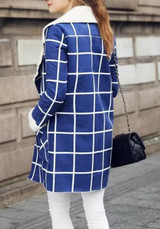 Blue-White Plaid Pockets Fur Double Breasted Turndown Collar Casual Wool Coat