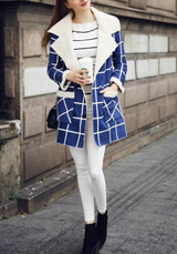 Blue-White Plaid Pockets Fur Double Breasted Turndown Collar Casual Wool Coat