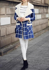 Blue-White Plaid Pockets Fur Double Breasted Turndown Collar Casual Wool Coat