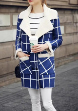 Blue-White Plaid Pockets Fur Double Breasted Turndown Collar Casual Wool Coat