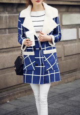 Blue-White Plaid Pockets Fur Double Breasted Turndown Collar Casual Wool Coat