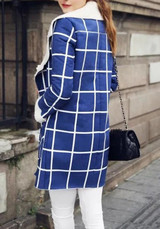 Blue-White Plaid Pockets Fur Double Breasted Turndown Collar Casual Wool Coat