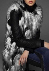 Black-White Patchwork Faux Fur Plus Size Elegant Cardigan Vest Coat