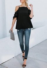 Black Cascading Ruffle Cut Out Spaghetti Strap Sweet Going out Blouse Black Cascading Ruffle Cut Out Spaghetti Strap Sweet Going out Blouse