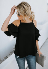 Black Cascading Ruffle Cut Out Spaghetti Strap Sweet Going out Blouse Black Cascading Ruffle Cut Out Spaghetti Strap Sweet Going out Blouse