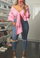 Pink Cascading Ruffle Deep V-neck Backless Bow Multi Way Cute Party Blouse