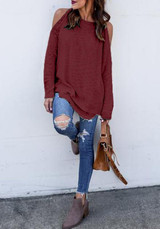 Red Cut Out Round Neck Casual Pullover Sweater