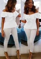 White Ruffle Irregular Slit Swallowtail Peplum Off Shoulder Backless Elegant Blouse