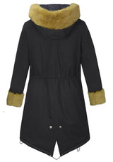 Black Patchwork Irregular Pockets Hooded Long Sleeve Faux Fur Thick Coat