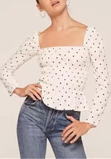 White Polka Dot Print Square Neck Long Sleeve Fashion Blouse
