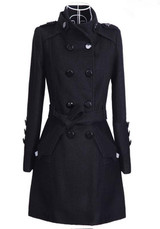 Black Sashes Pockets Buttons Turndown Collar Long Sleeve Coat