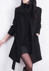 Black Sashes Pockets Buttons Turndown Collar Long Sleeve Coat