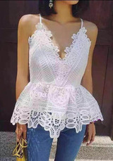 White Patchwork Lace Condole Belt Hollow-out Cross Back Vest