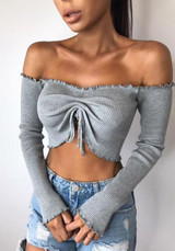 Grey Drawstring Crop Boat Neck Long Sleeve Fashion Blouse Grey Drawstring Crop Boat Neck Long Sleeve Fashion Blouse