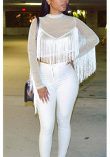 White Tassel Bright Wire Round Neck Long Sleeve Club T-Shirt