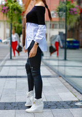 Black Patchwork Irregular Boat Neck Fashion Blouse