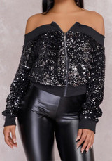Black Sequin Zipper Off Shoulder Boat Neck Long Sleeve Outerwear