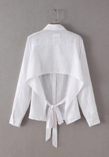 White Plain Cut Out Single Breasted Tie Back Turndown Collar Long Sleeve Blouse