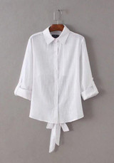 White Plain Cut Out Single Breasted Tie Back Turndown Collar Long Sleeve Blouse