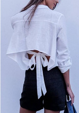 White Plain Cut Out Single Breasted Tie Back Turndown Collar Long Sleeve Blouse