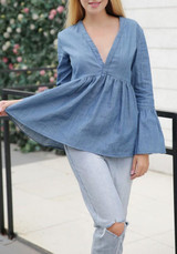 Blue Pleated Peplum Ruffle V-neck Lantern Sleeve Fashion Denim Blouse