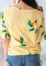 Yellow Floral Print Knot Round Neck Bohemian Sweet Blouse