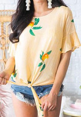 Yellow Floral Print Knot Round Neck Bohemian Sweet Blouse