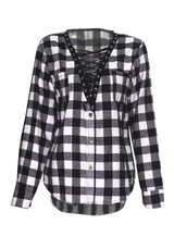 Black-White Plaid Drawstring Buttons V-neck Long Sleeve Fashion Blouses Black-White Plaid Drawstring Buttons V-neck Long Sleeve Fashion Blouses