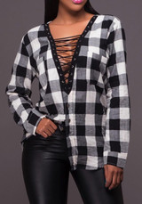 Black-White Plaid Drawstring Buttons V-neck Long Sleeve Fashion Blouses Black-White Plaid Drawstring Buttons V-neck Long Sleeve Fashion Blouses