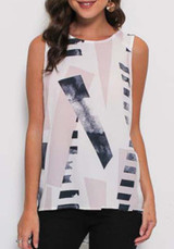White Floral Print Round Neck Sleeveless Casual T-Shirt