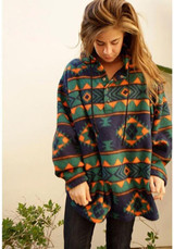 Green Floral Drawstring Single Breasted Hooded Fashion Pullover Sweatshirt