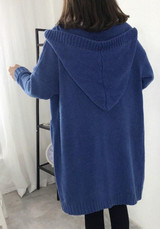Blue Pockets Hooded V-neck Long Sleeve Cardigan Sweater